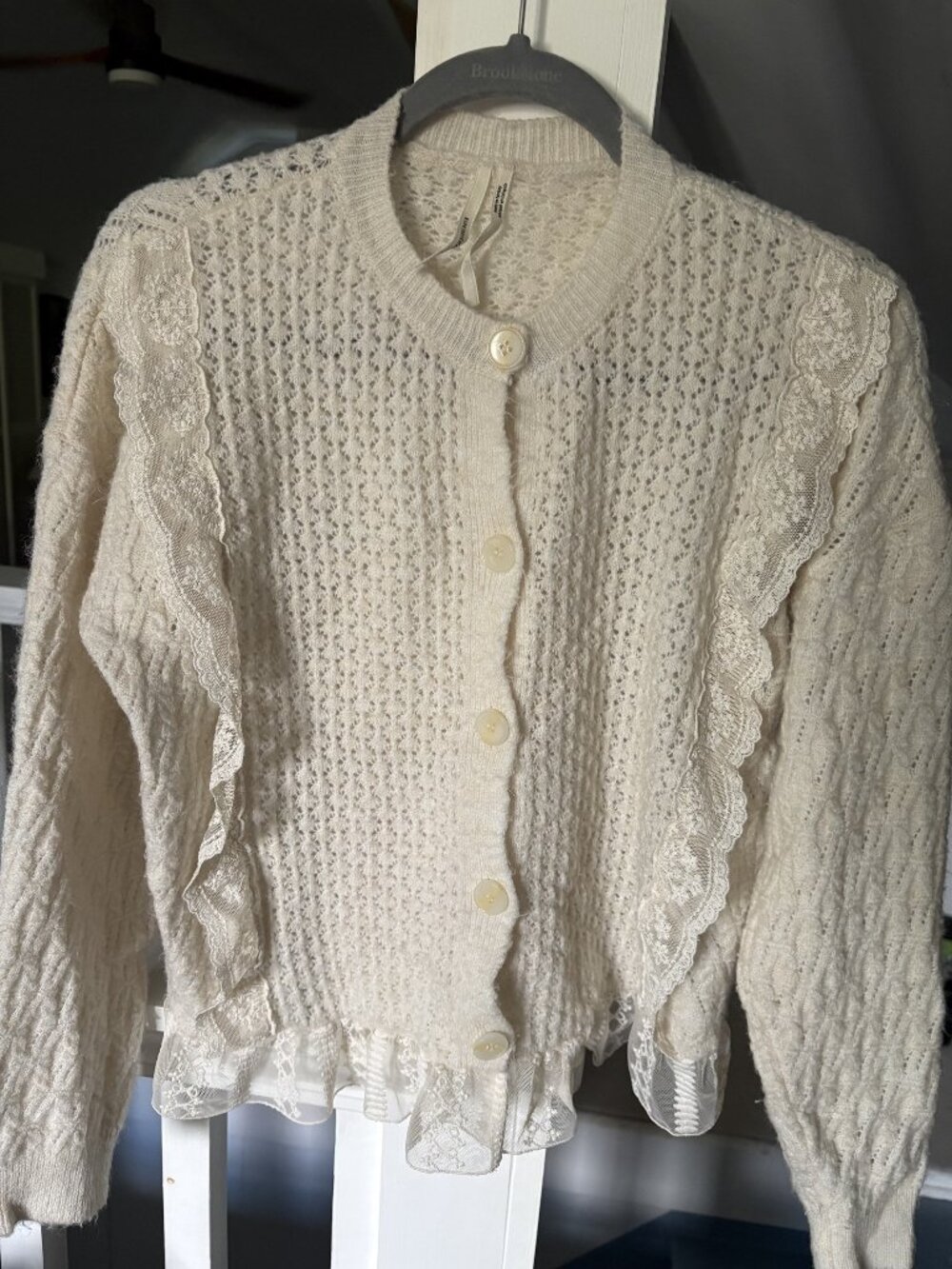 By Anthropologie Cream Pointelle Cardigan Lace Ruffle Trim S
